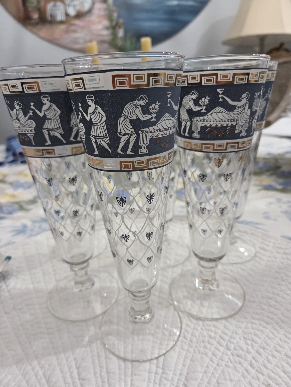 Blue and Gold Greek Revival Champagne Flutes - Set of 6